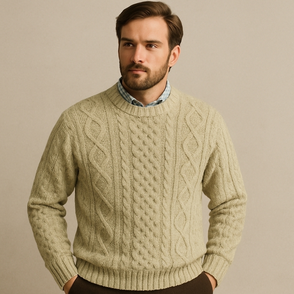 Men's Cable Knit Crewneck Sweater - Light Olive